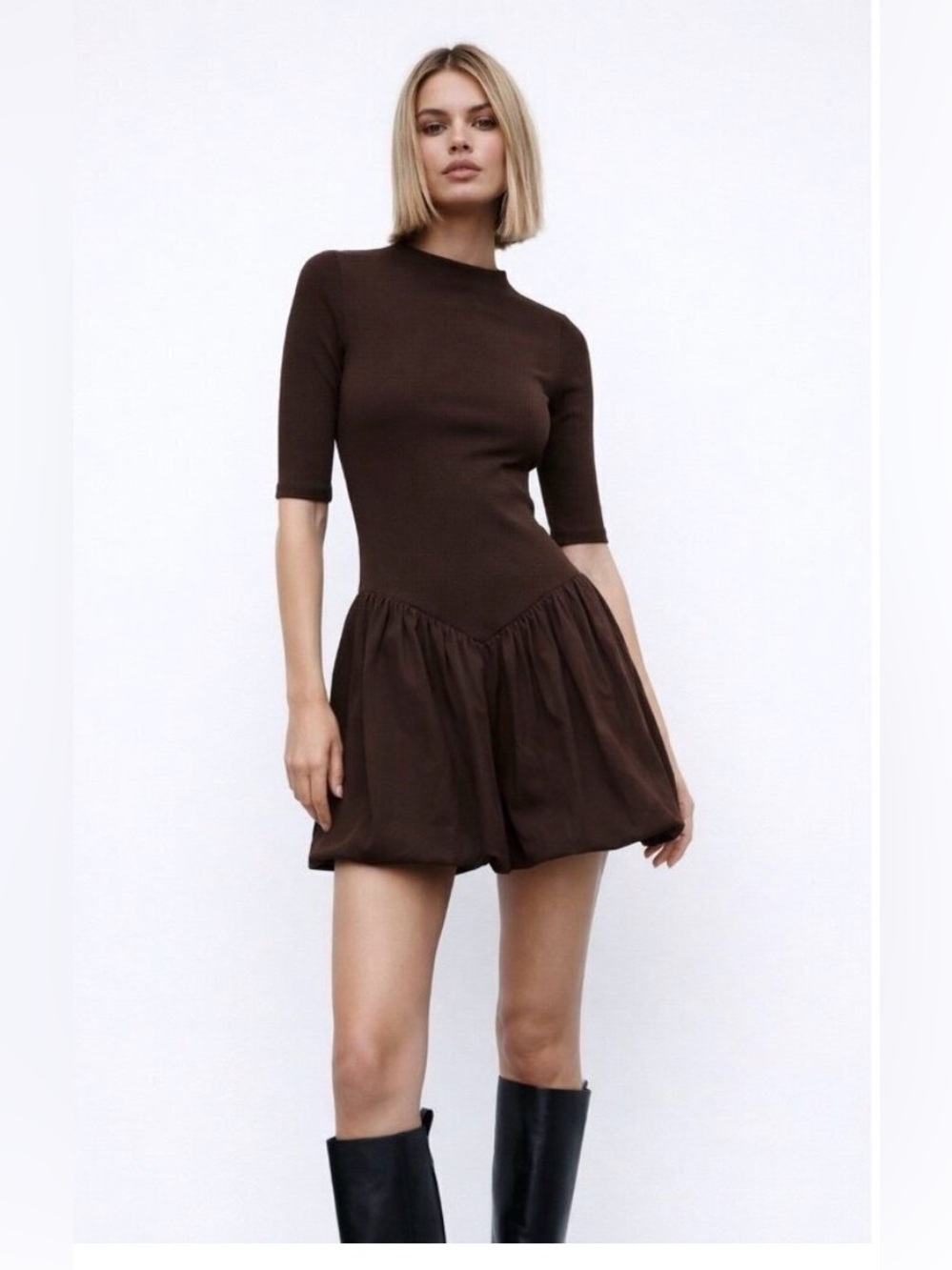 Zara Brown Mini Dress with Gathered Skirt